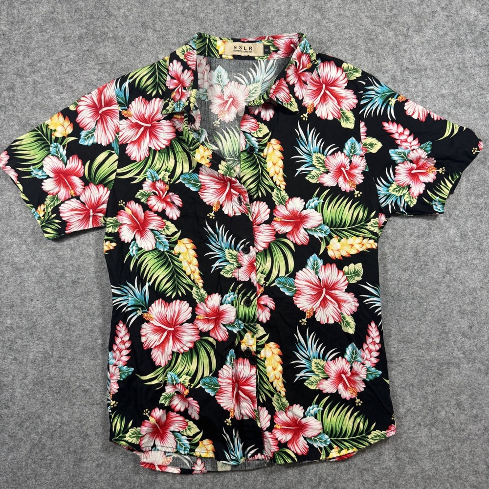 SSLR Tropical Floral Button Down Shirt Small Black Hibiscus Print Short Sleeve